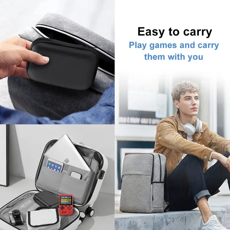 Collage of a portable gaming device case with text 'Easy to carry, Play games and carry them with you'.